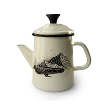 Load image into Gallery viewer, White enamel teapot with black lid and handle, featuring a mountain design on a white background.
